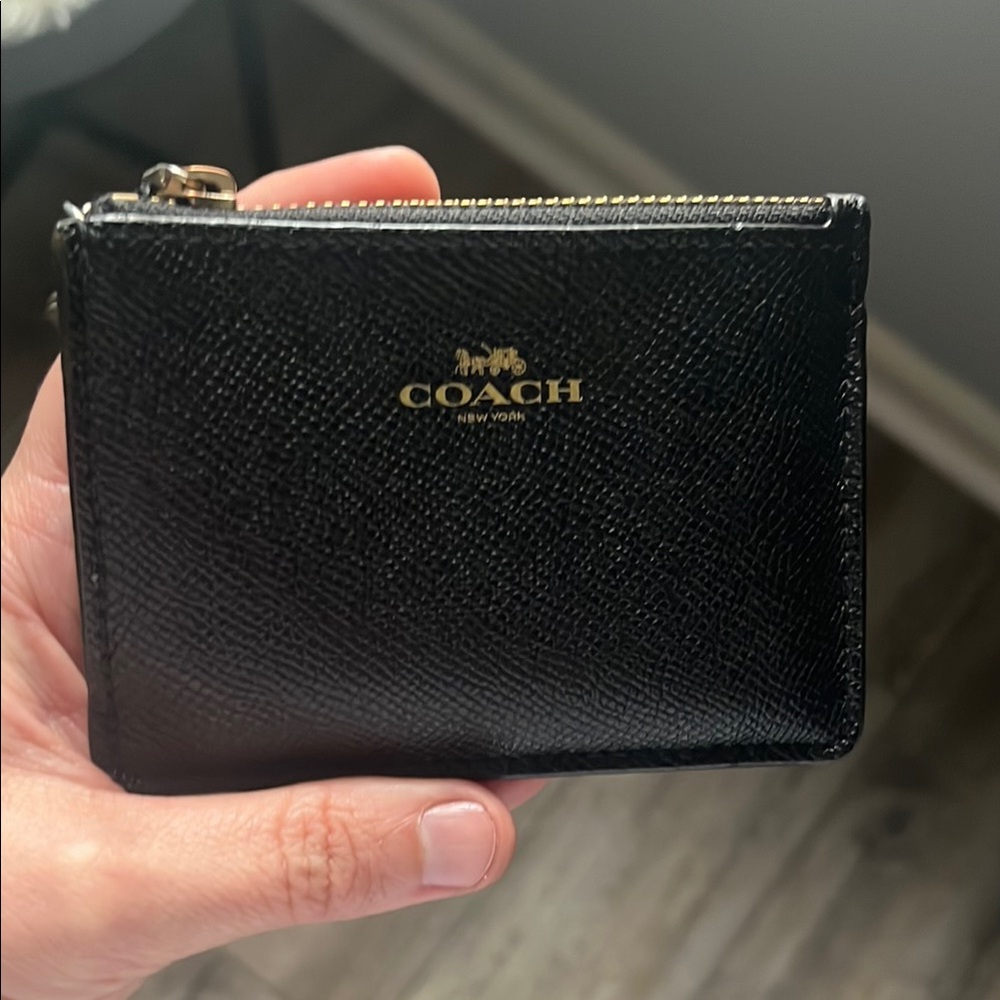 Coach Black Leather Card Holder with Gold Accents